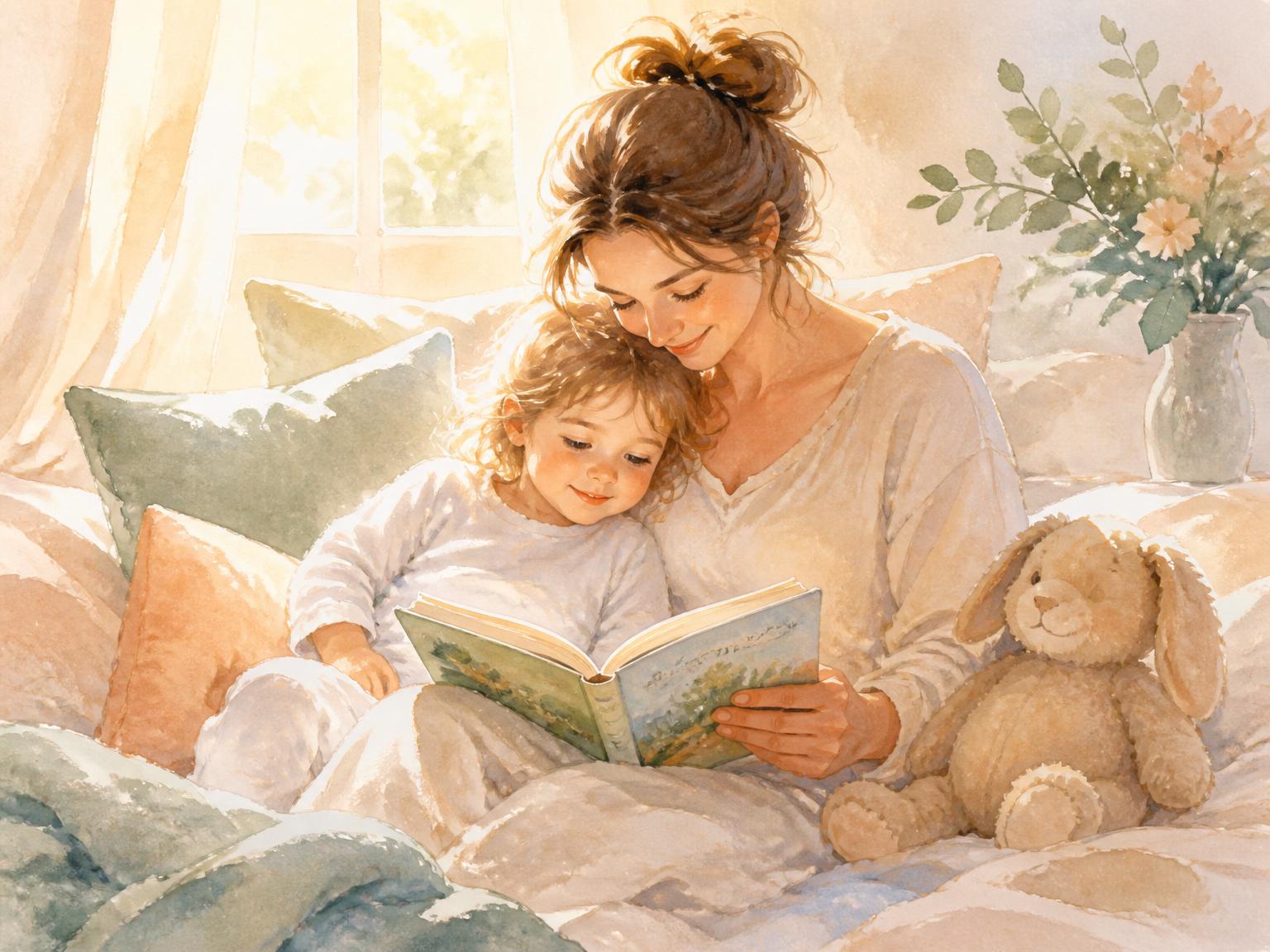 A parent and child reading a gentle watercolor storybook together in soft morning light